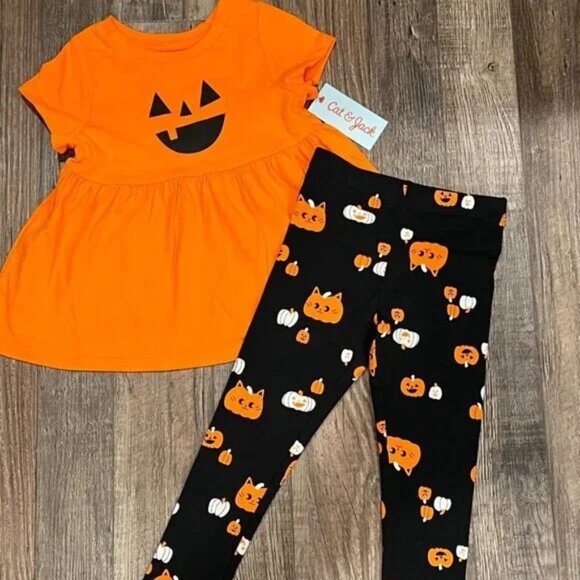 NWT Cat & Jack Toddler Girls Pumpkin Halloween Outfit Leggings 2T - Picture 1 of 2
